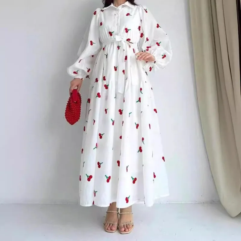 Women 2025 Spring Lapel Fruit Printing Dress Lantern Sleeves Waist-Cinched Ruffle Hem Long Dress Elegant Feminine Style