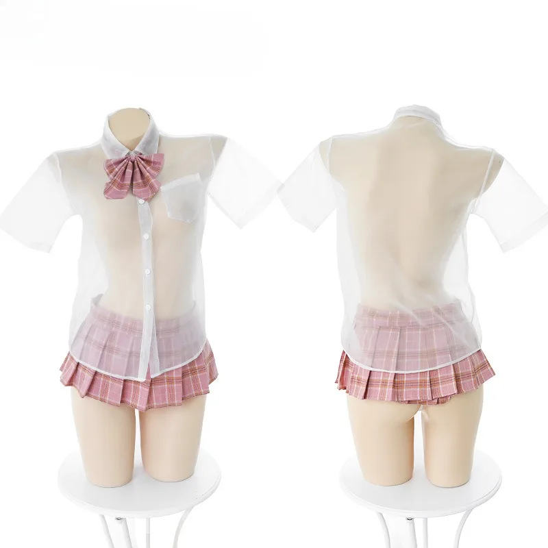 Seragam sekolah transparan eksotis, Set rok JK + baju, kostum Cosplay pelajar Jepang, Lingerie pesta peran porno