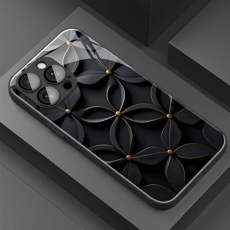 

Black Golden Line Flower Pattern Tempered Glass Phone Case For iPhone 17 Pro Max 11 12 13 14 15 16 17Air 16E 7 Plus XR XS Cover