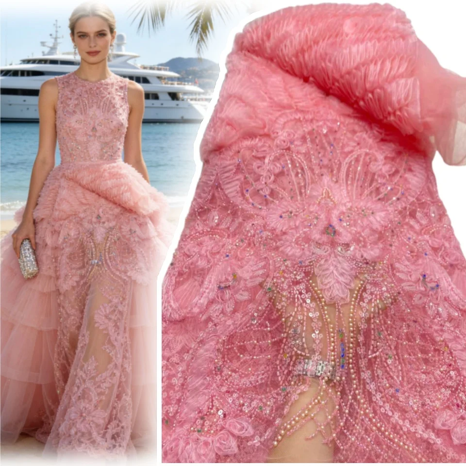 

Burgundy 3D Lace African Beaded Lace Fabric 5 Yards Nigerian Tulle Sequined Lace Fabric Party Women's Wedding Dress Sewing 1980