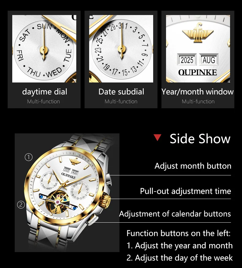 OUPINKE 3290 الأصلي ساعة أصلية الرجال دولاب الموازنة تاريخ كرونوغراف جودة عالية التنغستن الصلب حزام الياقوت مرآة الذكور الساعات