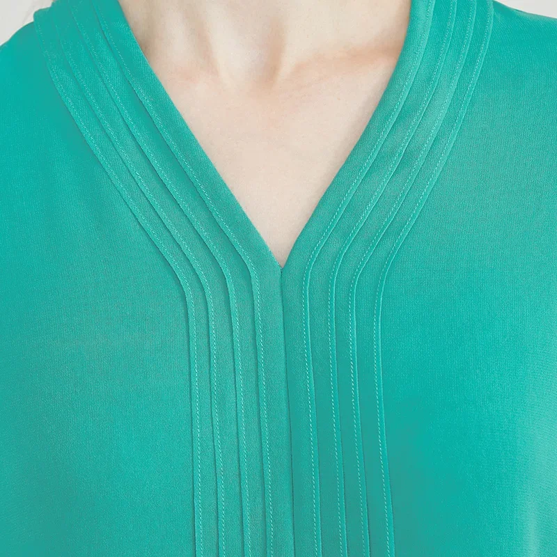 VOA seda Georgette de tres capas azul claro Tops con cuello en V mujeres hongo flor manga de murciélago cintura suelta camiseta de seda recta BE1611