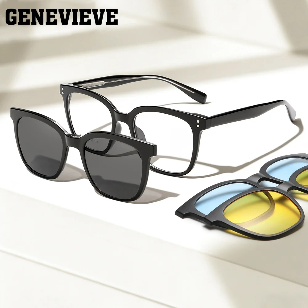 GENEVIEVE New Square 3-in-1 Magnetic Clip-On Glasses Polarized Sunglasses Blue Light Blocking Glasses Customizable Prescription