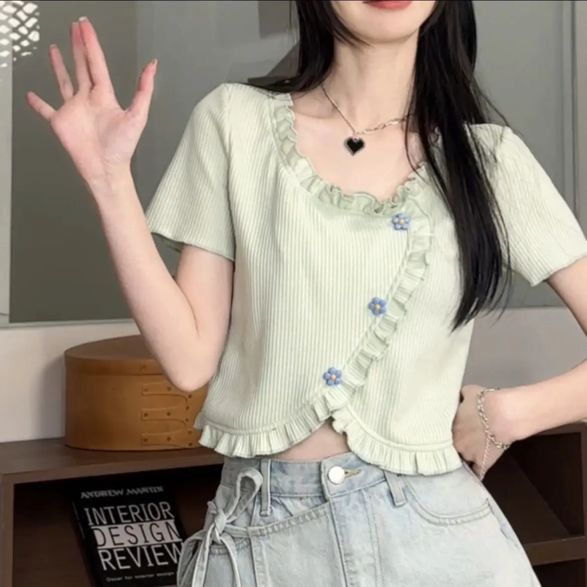 

Korea T-shirt Shirts Solid Color Ruffles O Neck Short Sleeve Design Preppy Style Blouses Summer Fashion Sweet Women's Clothing