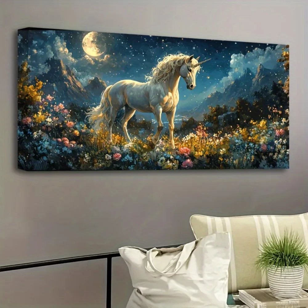 1.5 inch thick pine solid wood frame, a set of oil painting digital oil painting white horse oil painting set