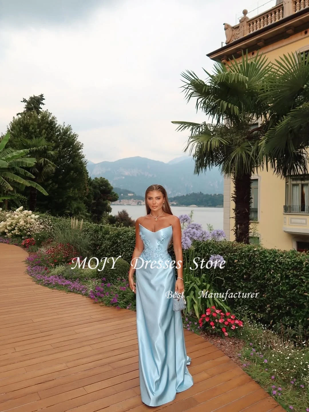 Mojy Strapless Sleeveless Prom Dresses Sequins Beadings Dubai Evening Dresses Pearls Special Occasion Dresses Customized