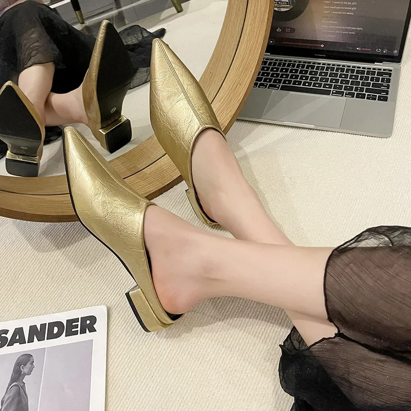 Hochhackige Einfache Damen-Baotou-Halbpantoffeln Spitze Sommer-Abendschuhe Einfarbige Hohe Absätze Schwarze Schuhe – Detail 13