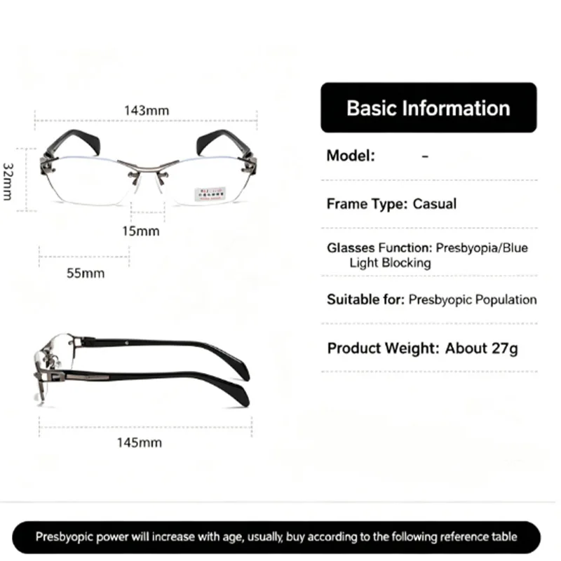 Unisex Rimless Photochromic Glasses, Diamond Cut Edge Metal Eyeglasses HD Anti Blue Light for Myopia