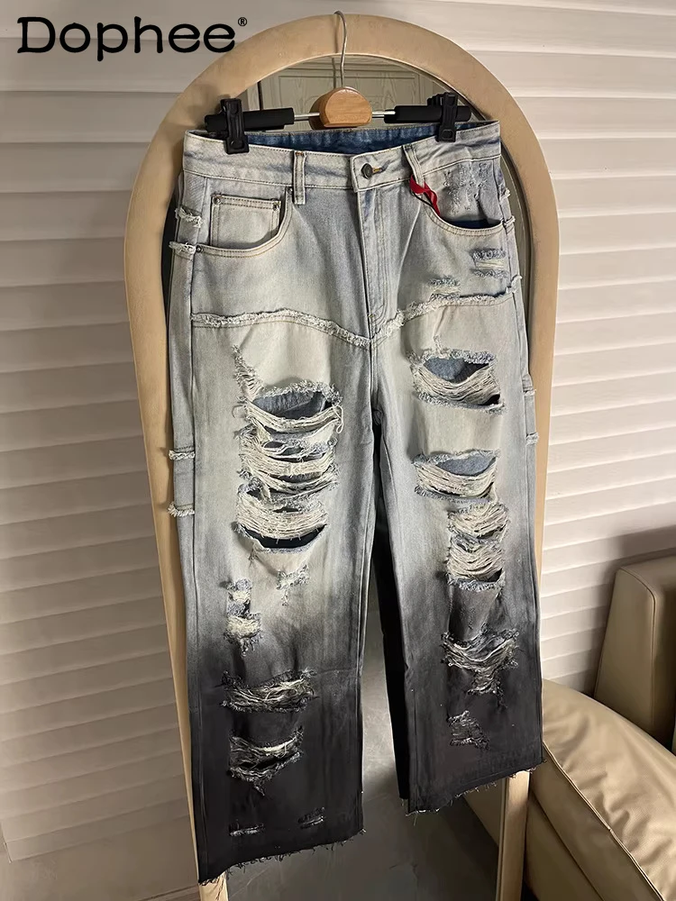 

Trend Gradient Color Hole Design Jeans Men 2026 Four Seasons Wear Loose Straight Denim Pants High Street Wide Leg Denim Trousers