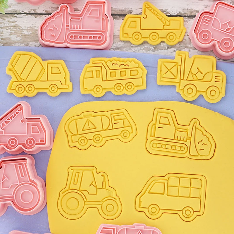 8pcs/set Engineering Truck Cookie Cutters Plastic 3D Cartoon Pressable Biscuit Mold Cookie Stamp Kitchen Baking Pastry Bakeware