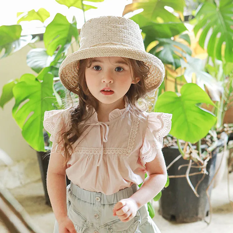 Children Clothing Kids Solid Color2024 New Summer Fashion Girls Thin Cotton Wood Collar Embroidered Lace Shirt T Shirt