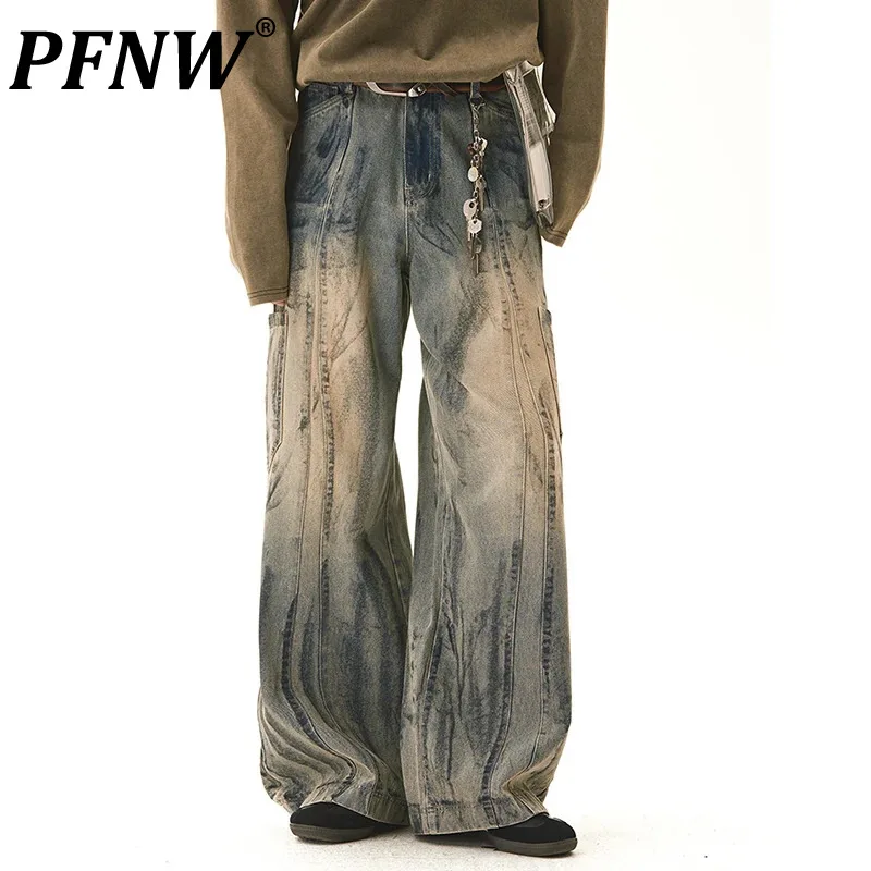 

PFNW Side Pocket Washed Worn-out Dirty Jeans Male High Street Loose Straight Leg Denim Trousers 2024 Autumn Chic New 28W4150