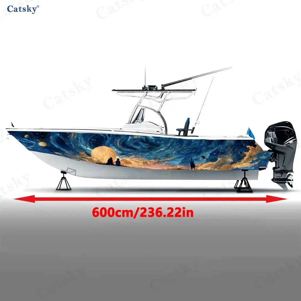 2Pcs Boat Graphic Sticker, Starry Sky Moon Silhouette Design, Waterproof Long-Lasting Material, Suitable for Speedboats Sport
