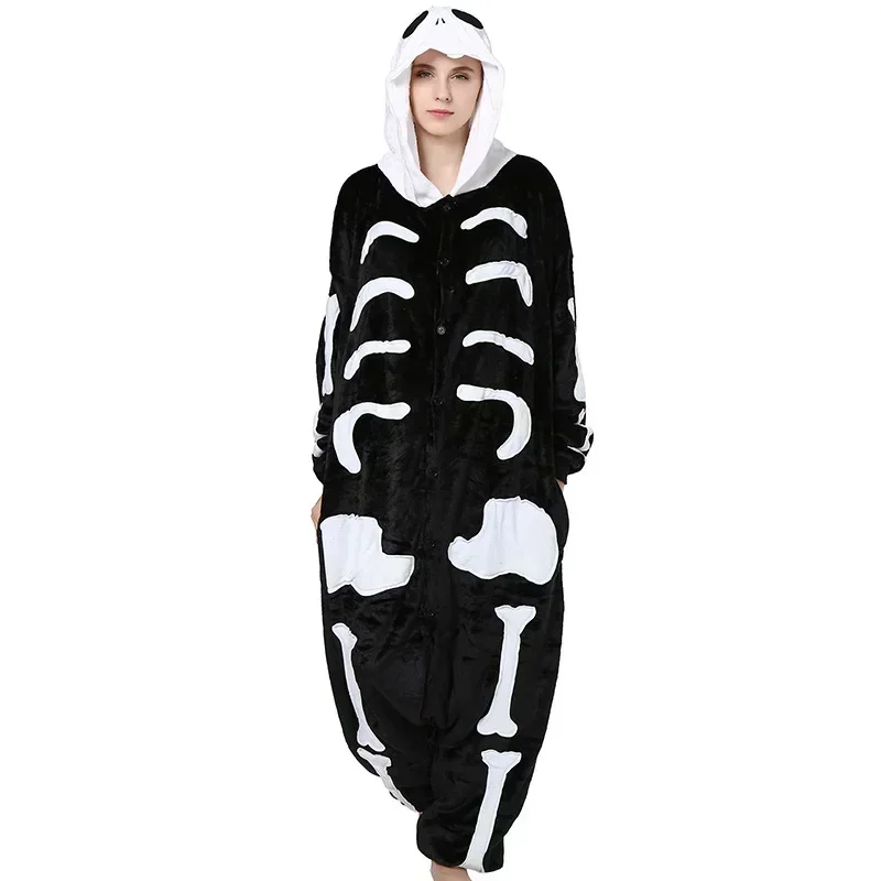 Animal Onesies Kigurumi Skeleton Pajamas Set Women Winter Overall Flannel Cartoon Cosplay Sleepwear Jumpsuit Men Homewear Pijama