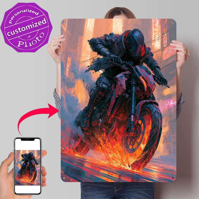 Cyberpunk Biker Speeding Through City 3D Texture Printed Poster Custom Vintage Metal Tin Plate Sign for Wall Art Room Decor Home