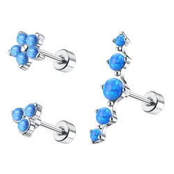 3 sets of 316L stainless steel 16G flat back cartilage earrings set with Blue Opal women's piercing jewelry