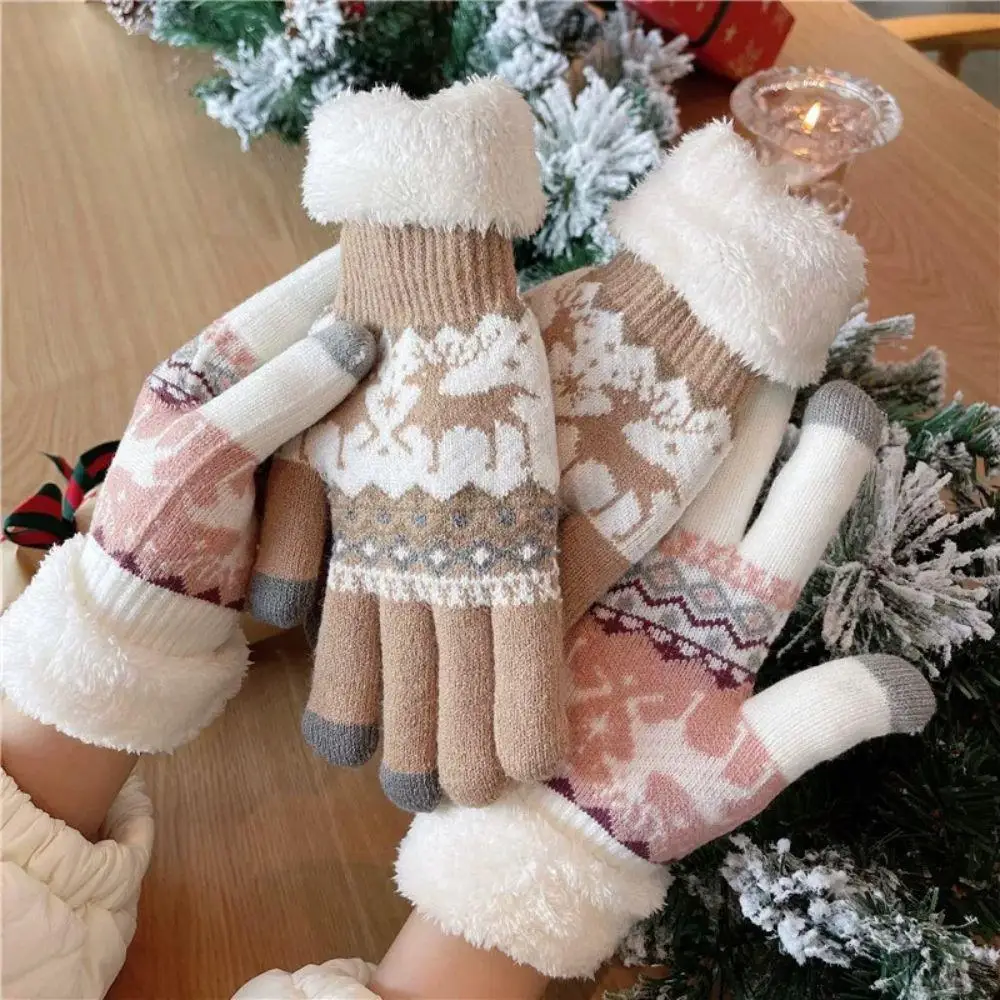 Hot Christmas Women Warm Plush Gloves Reindeer Jacquard Touch Screen Knit Gloves Plush Cuff Warm Riding Skiing Outdoor Gloves