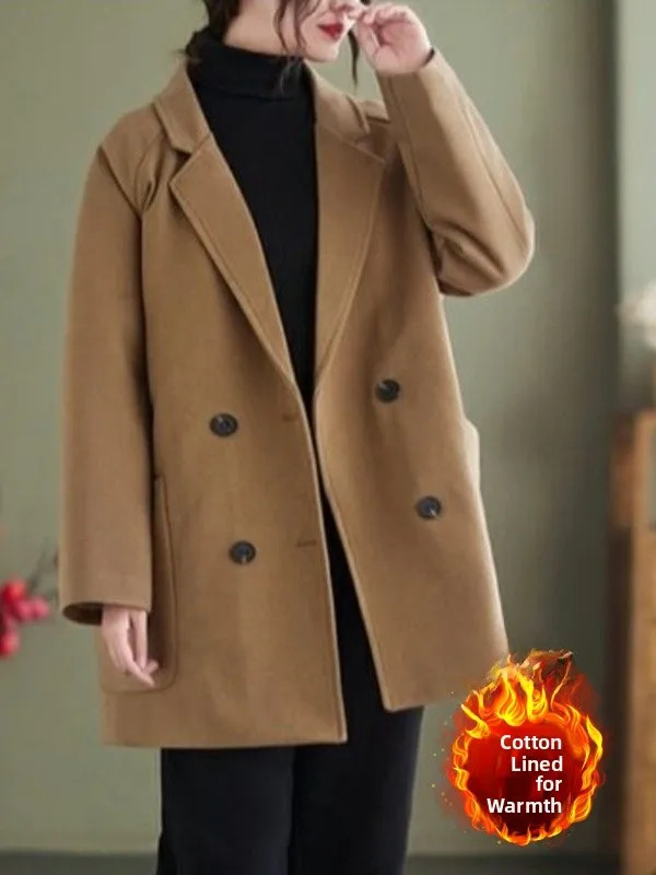 

Thiened шерстяное пальто, однотонный костюмный воротник, двухрядные пуговицы, хлопок, смешанная ткань, большой размер, женские модные универсальные ...