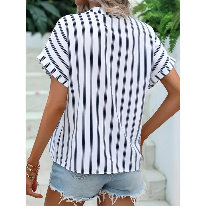 Womens Striped Henley Summer Tops V Neck Button Dressy Casual T Shirts Blouses Trendy Clothes Black & White S Eco-Friendly