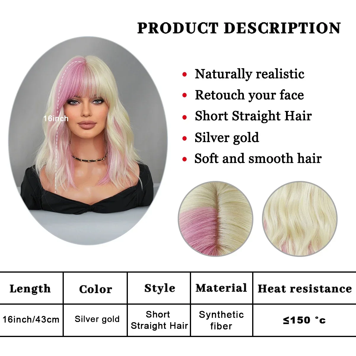 PARK YUN  Pink Ombre Blonde  Wig for Woman Daily Party Cosplay Middle Part Natural Synthetic Hair Wig Heat Resistant Fiber