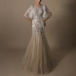 Vestido de fiesta de sirena con cuello redondo, traje de noche Formal con apliques de lentejuelas y cuentas de lujo, a la moda