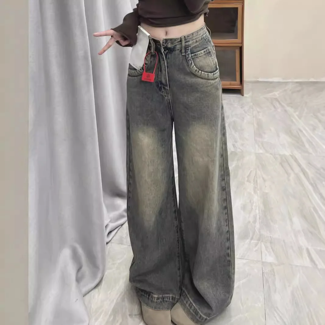

2025 Ретро драпированные широкие джинсы, женские весенне-осенние свободные брюки с высокой талией, прямые универсальные брюки, тонкие и высокие