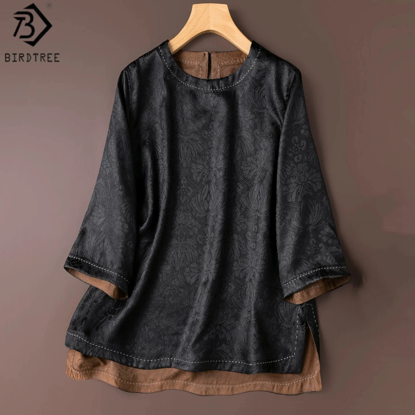 Birdtree, 100% Real Silk Casual Tshirt, O-neck 3/4 Sleeve Tops, Women Xiangyunsha Loose Black Shirt, 2026 Autumn New T67615JF