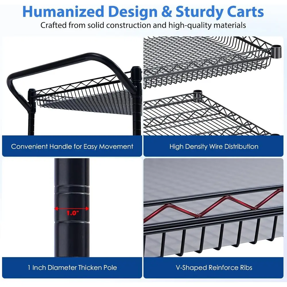 عربة أدوات شديدة التحمل مكونة من 3 طبقات بسعة 1350 رطلاً، 24 × 45 × 39، عربة معدنية معتمدة من NSF للمرآب والمطبخ والمستودعات