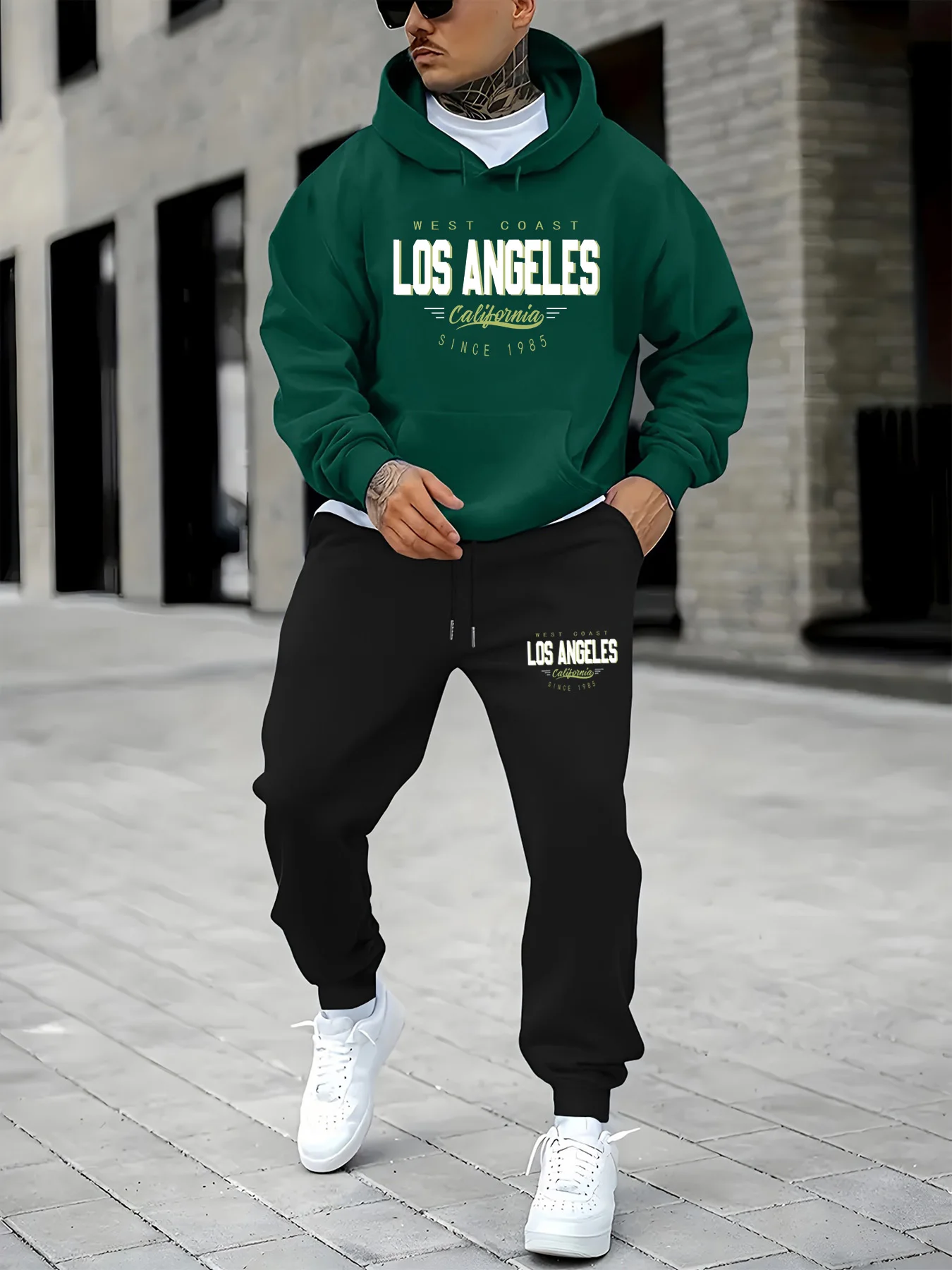 Ensemble sweat à capuche et pantalon de survêtement pour hommes, décontracté, chaud, Los Angeles, californie, côte ouest, imprimé, ample et peluche, automne et hiver