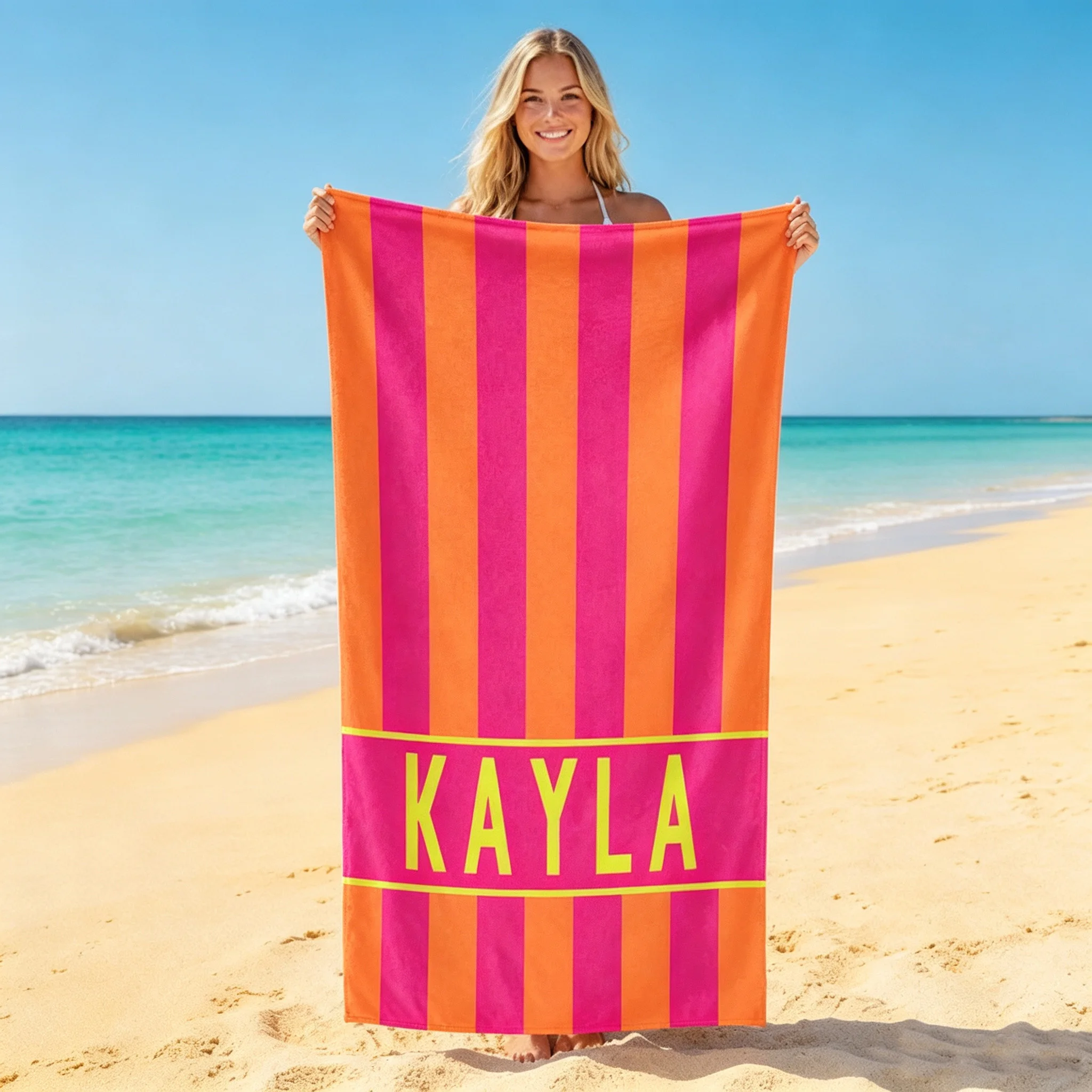 Personalized Custom Striped Beach Towels Customizable Name Microfiber Machine Washable  For Beach Swim Yoga Bathing Travel.