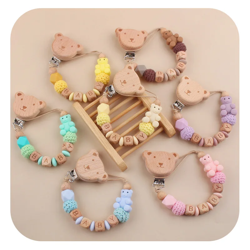 

ABCPICK Cute Design Silicone Baby Pacifier Clip BPA Free Bear Shape Wooden Clip Silicone Pacifier Chain Clip Baby Teething Toy