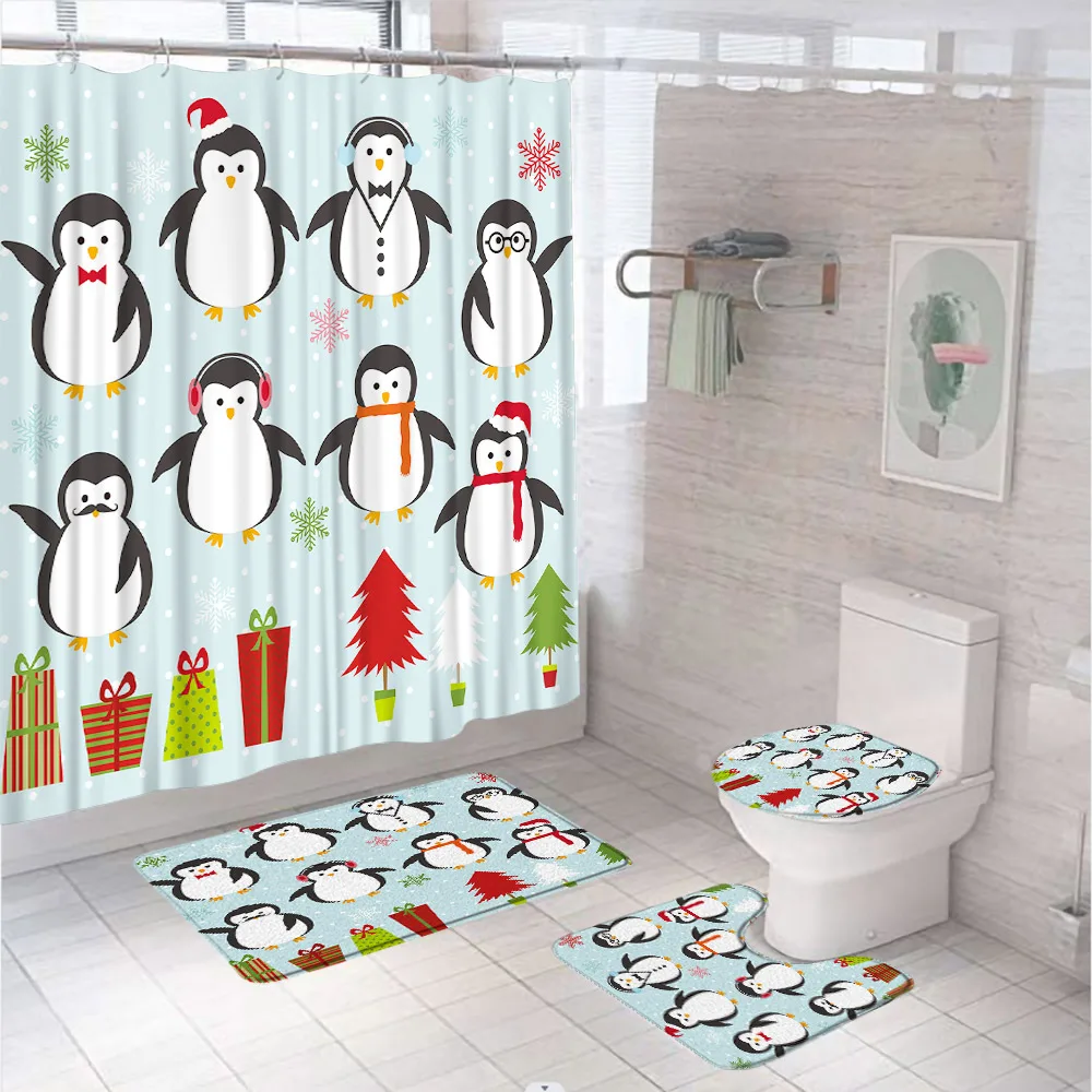 Cute Penguin Shower Curtain Set Black White Cartoon Animal Funny Bathroom Curtains Screen Non-Slip Bath Mat Rug Lid Toilet Cover