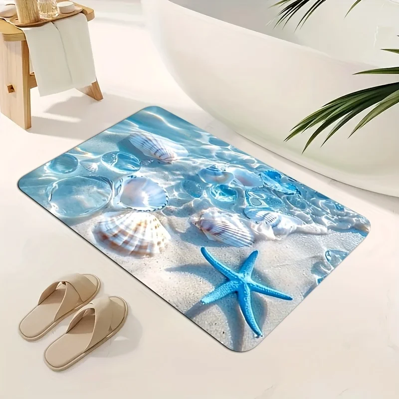 Printed Beach Mat Bathroom Rug Polyester Coastal Seashell Starfish Ocean Themed Doormat for Home and Bathroom Decor