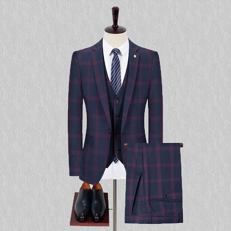 Spring and Autumn Suit Wedding 2024  Men（ Suit + Waistcoat + Trousers) Fashion Checkered British Slim-fit Suit Three-piece Set