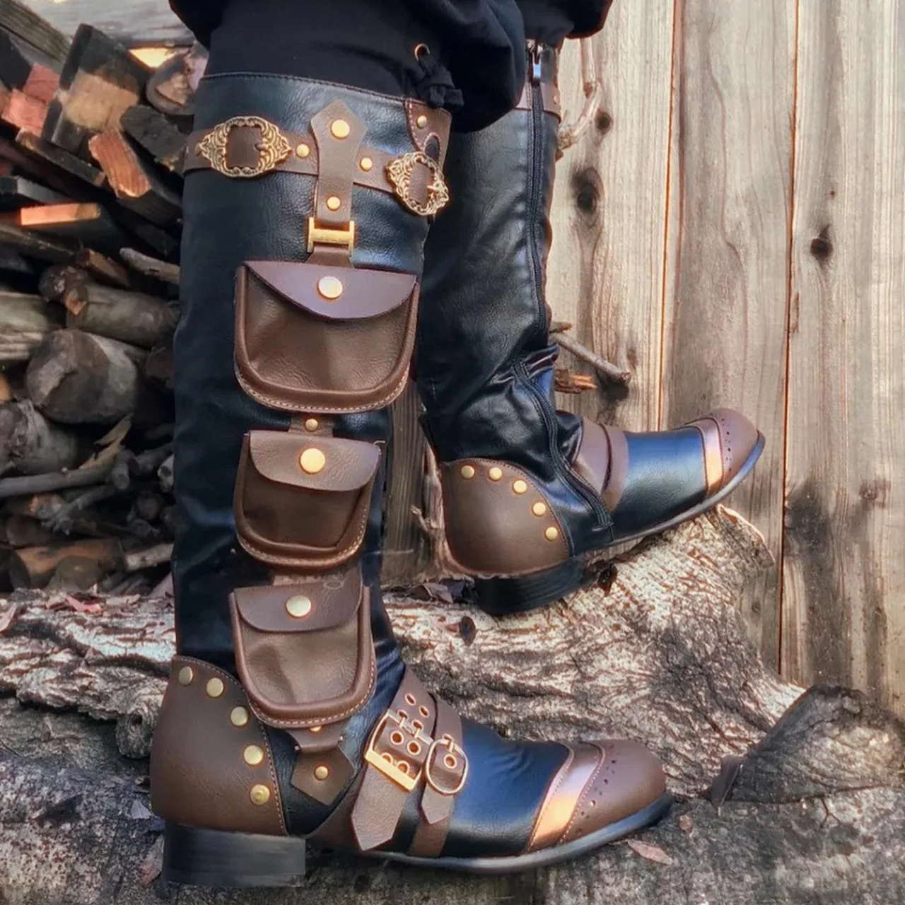 Medieval Faux Leather Boots, Ruched Renaissance Loafer Long Boots, Pirate Viking Men's Knee High Riding Cosplay Boots