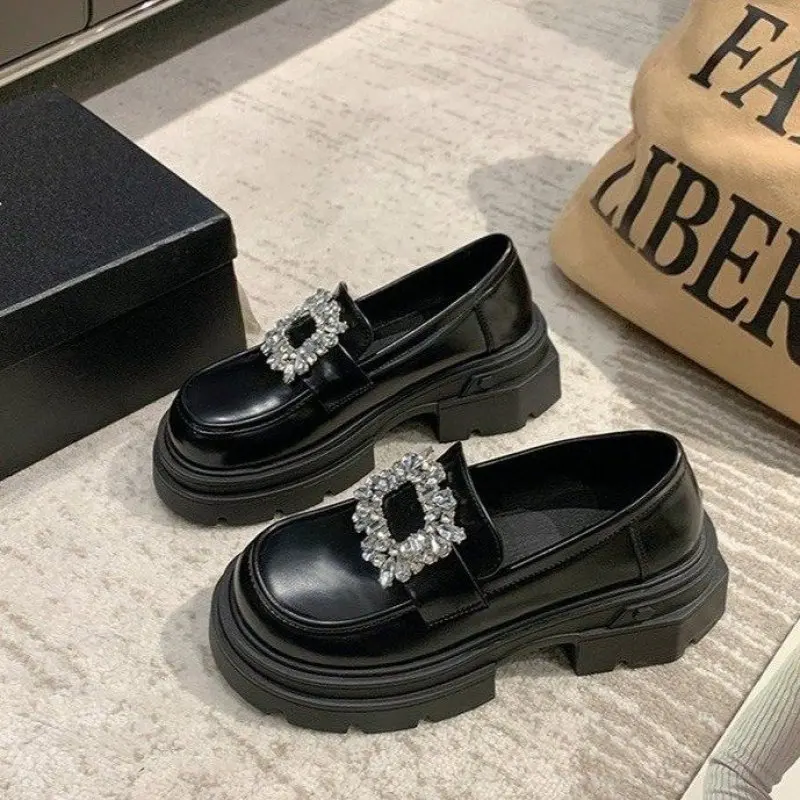 NEW Brand Rhinestone Buckle Shoes Ladies 2024 Thicken Soled Flats Japanned Leather Oxfords Women Casual Slip On Lolita Shoes