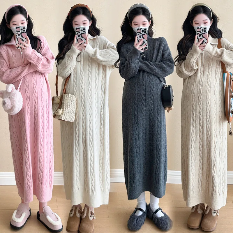 Maternity Dress Autumn and Winter Twist Sweater New Sweet Soft Waxy Zipper Lapel Straight Knitted Maternity Dress