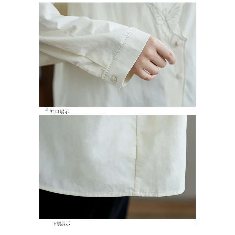 Retro versátil solto e fino tendência nacional borboleta bordada camisa de lapela de manga comprida