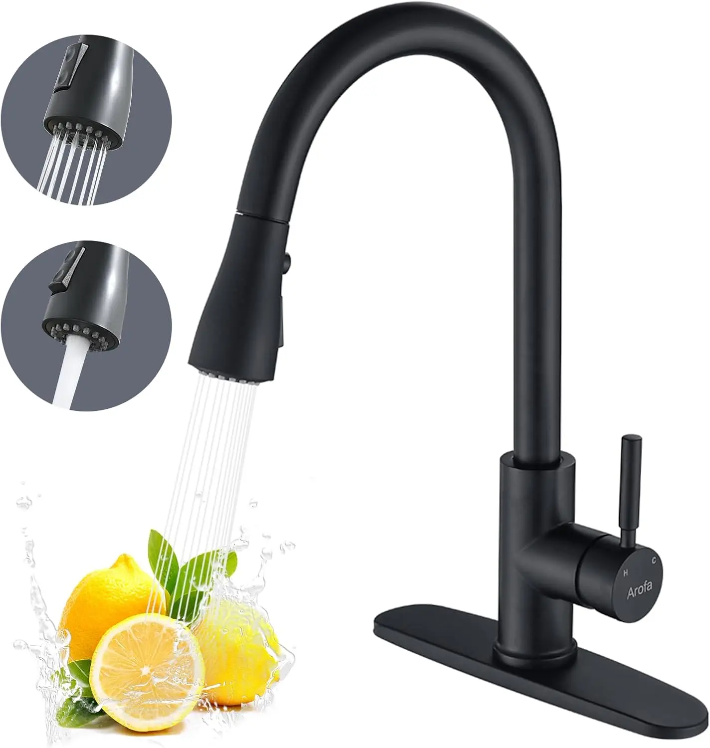 Matte Black Kitchen Faucet, Kitchen Sink Faucet with Pull Down Sprayer Single Handle Stainless Steel Commercial Modern for 1