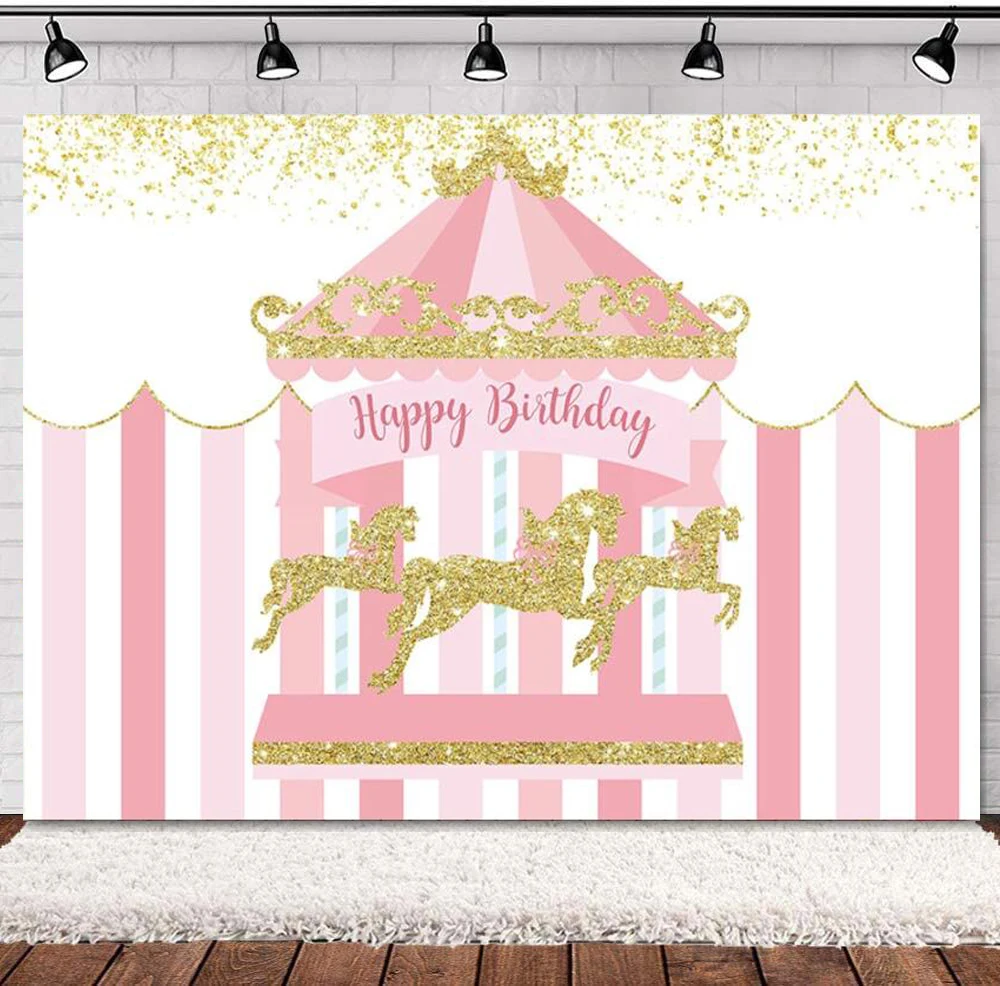 Photography Backdrop Carousel Birthday Theme For Girl Princess Gold Glitter Shining Dots Background Video Call Kid Portrait