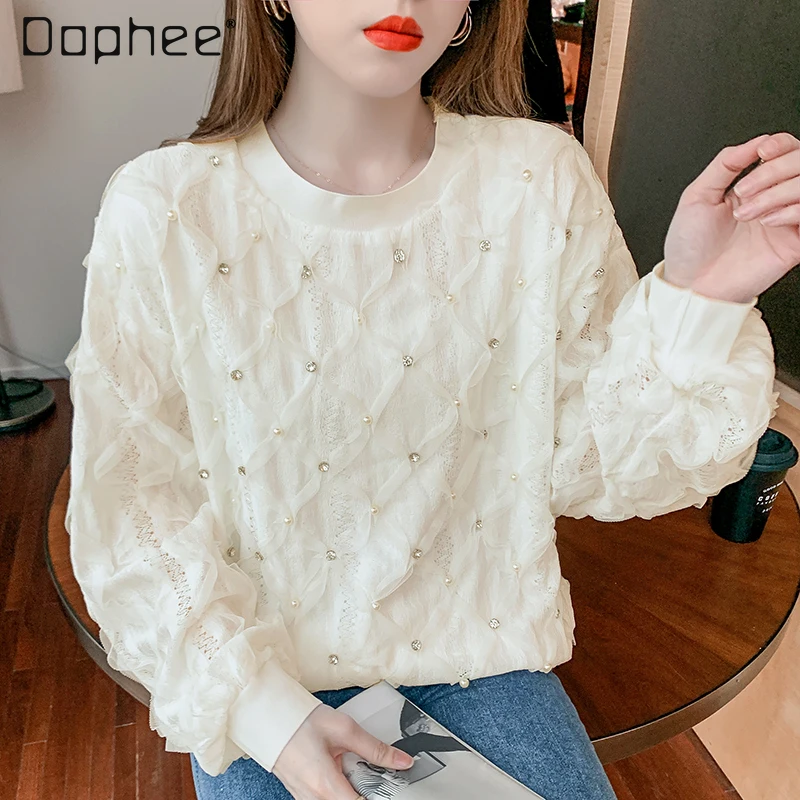 

Loose Rhinestones Hoodie Top Ladies 2023 Autumn New Korean Style Simple Women's Batwing Sleeve Crew Neck Pullover Sweatshirts