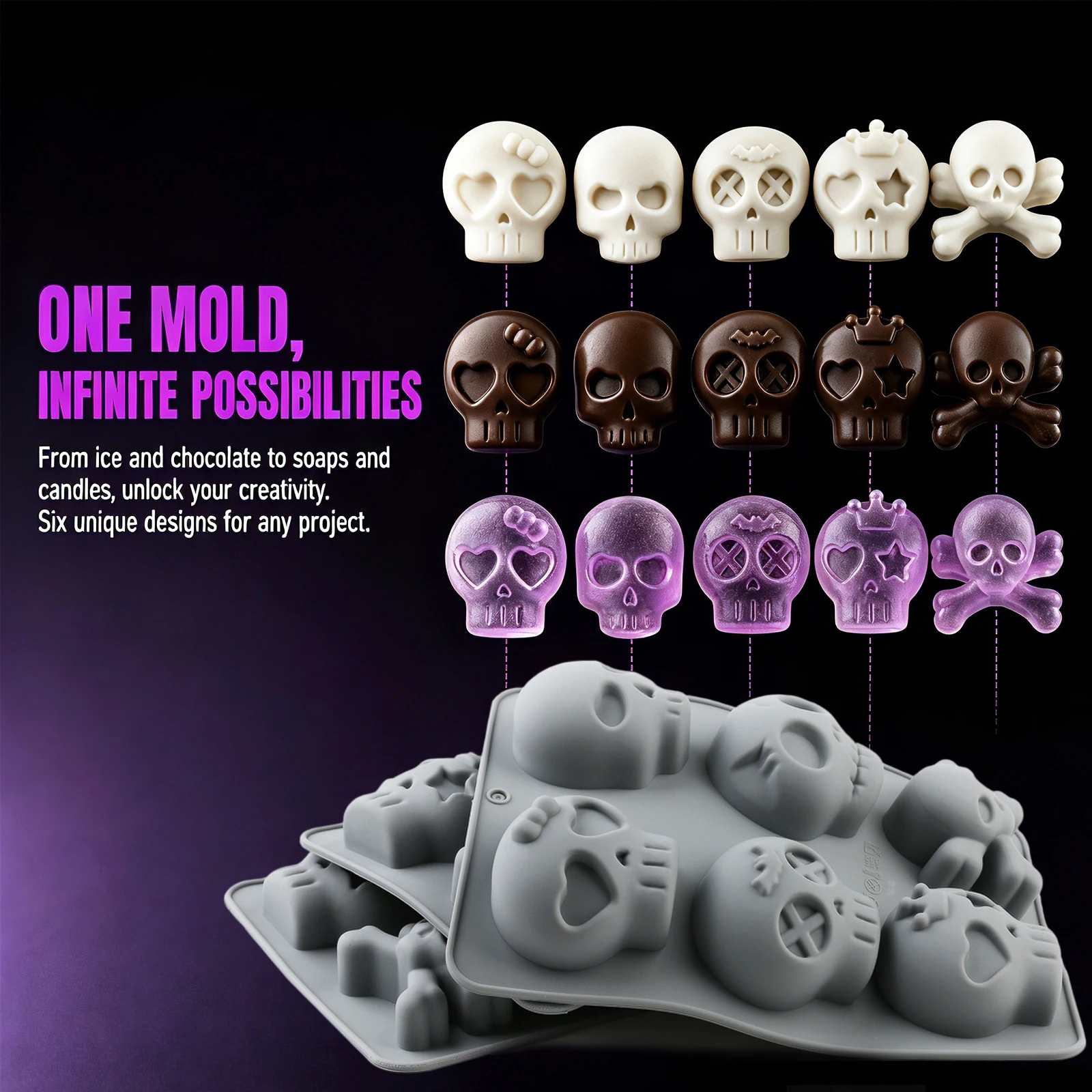 1 Stück Silikon-Totenkopf-Süßigkeitenform Antihaft-Dickwandige Kuchen- und Eisform für Schokolade, Mousse, Pudding, Gelee, Backen für Partys – Detail 5