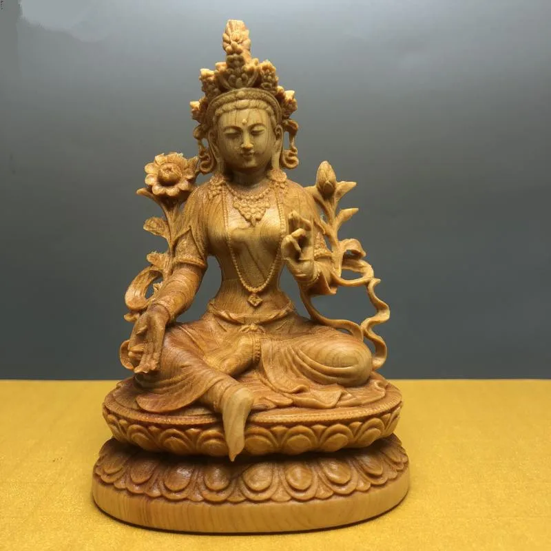 10.8*7.3*5.3cm Handmade Buddhist Boxwod Green/White Tara Buddha Carving Collect Wealth Hand Pieces Mascot Decorate Crafts