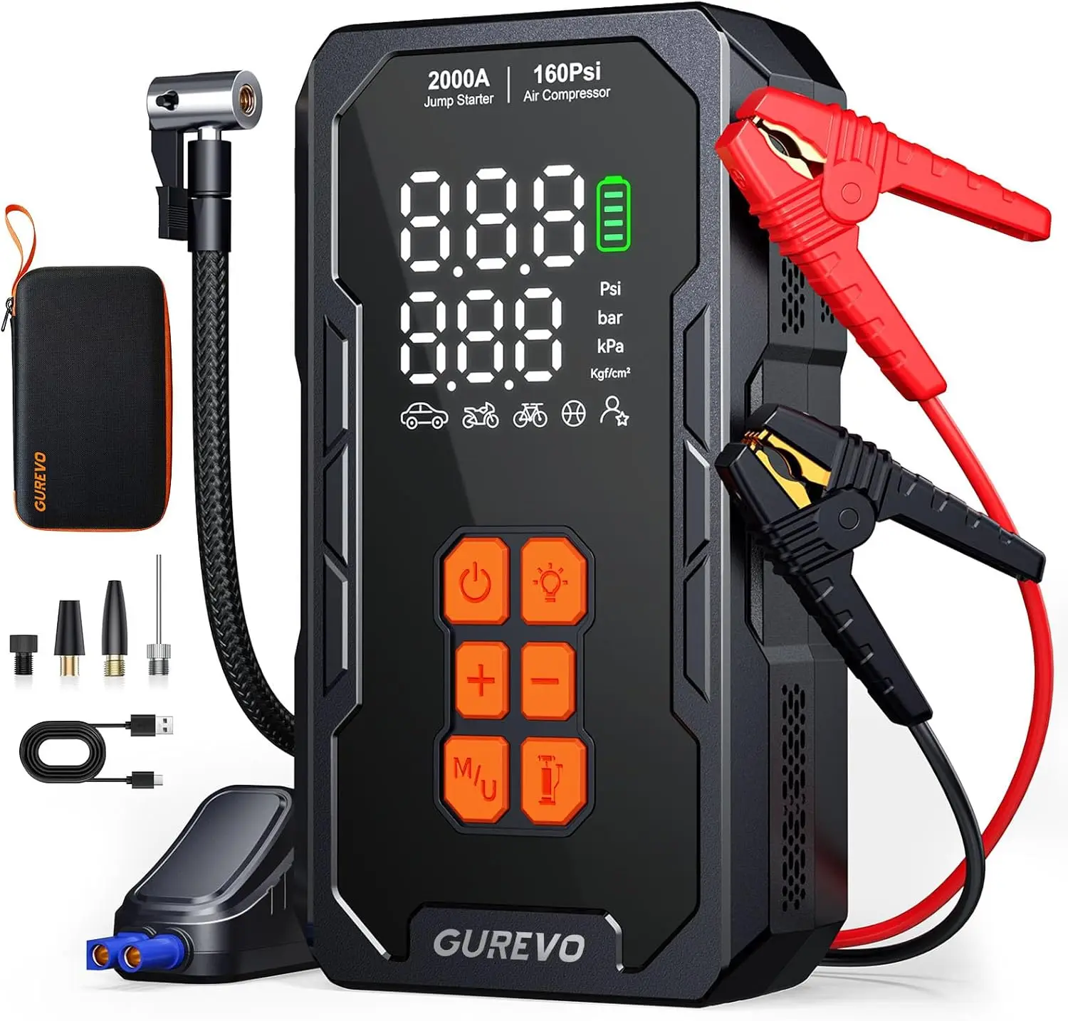 2000A Portable Jump Starter with Air Compressor, Tire Inflator for 8.0L Gas/6.0L Diesel Engines