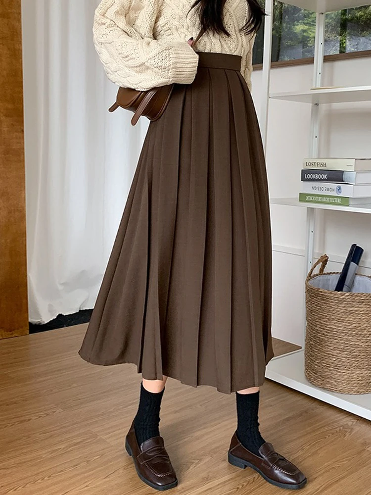 

Women High Waist Pleasted Skirt Spring Autumn Mid Length A-Line Skirt Preppy Style Casual Solid Skirt Female