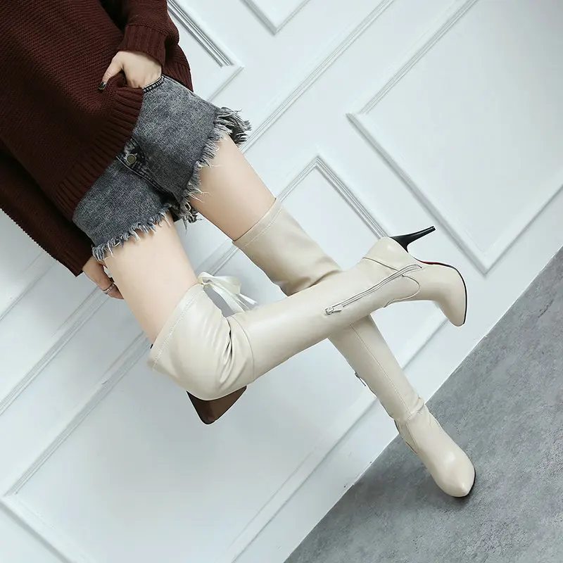 Extra Big Size 32-54 Pointed Toe Spike High Heels Overknees Winter Fall Sexy Grey White Shoes Over-the-knee Lady Stretch Boots