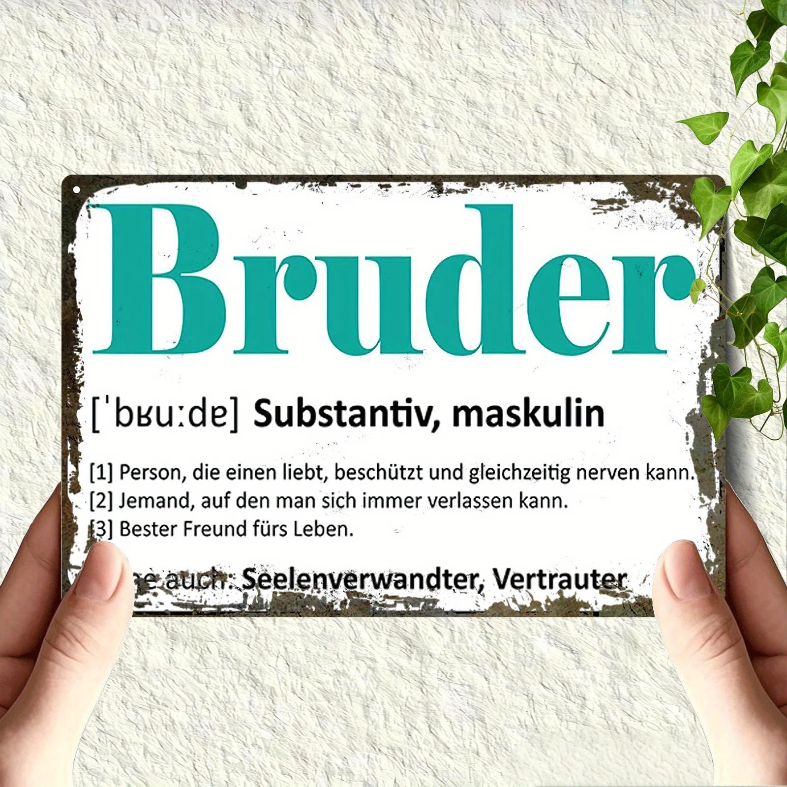 1 unidade de Placa de Ferro com Impressão Plana 2D - Arte de Parede Alemã com a inscrição 'Bruder', 20,32x30,48 cm, Decoração Rústica Estilo Bar para Casa, Escritório ou Exterior