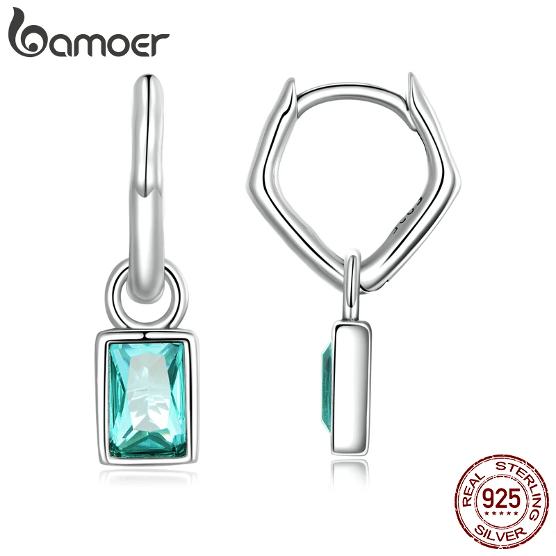 Bamoer 925 Sterling Silver Square Green Zirconium Pendant Irregular Drop Earrings New Simple Stlye Women Earrings Fine Jewelry