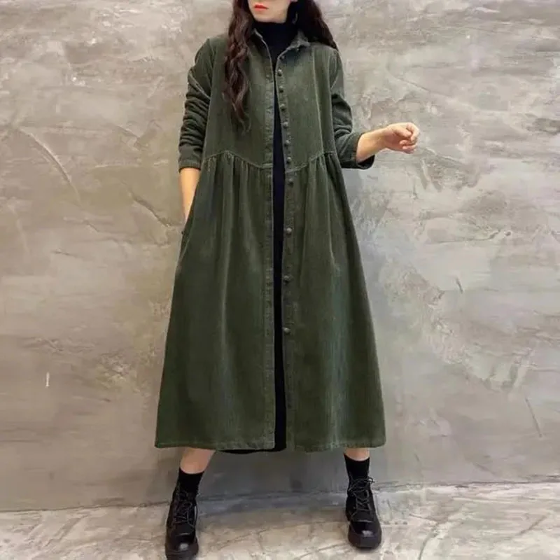 New Women Long Trench Coat Single-Breasted Long Sleeves Corduroy Overcoat Fashion Spring Autumn Casual Windbreaker Jacket Brown