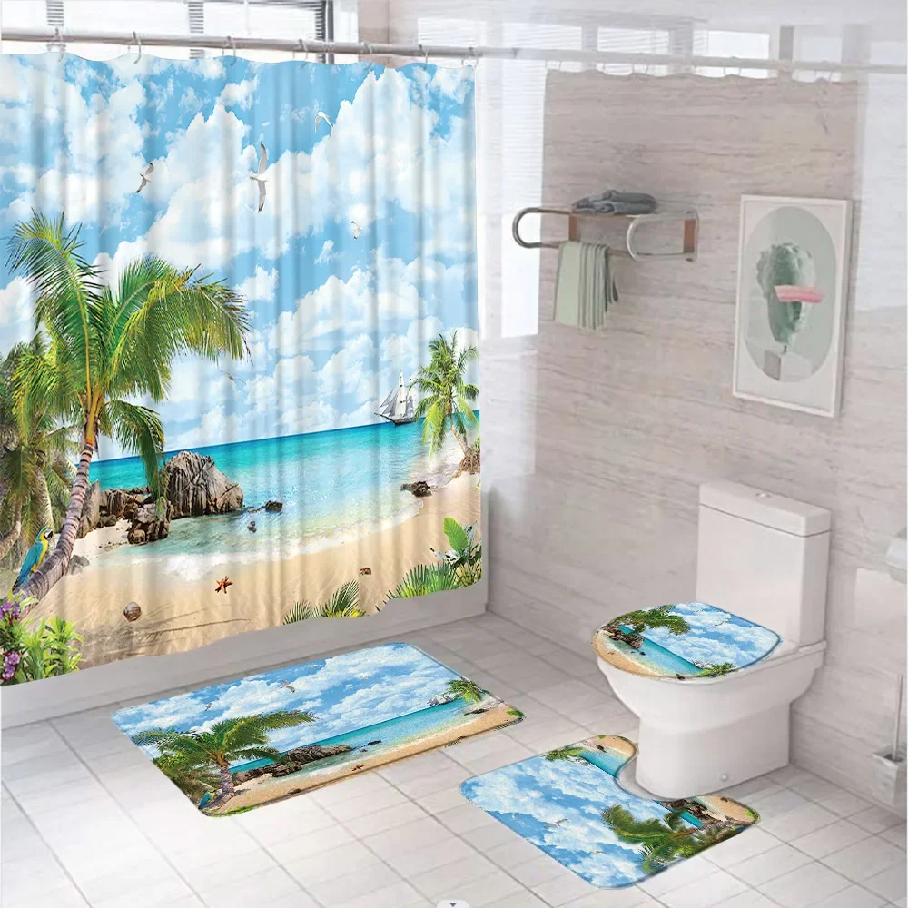 4Pcs Shower Curtain Set Beach Island Summer Sand Starfish Parrot Palm Tree Wave Ocean Rug Toilet Cover Bath Mat Bathroom Decor